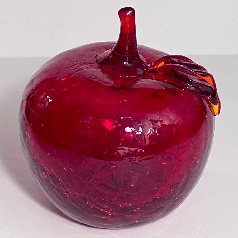 1970’s RED CRACKLED GLASS APPLE / Hand-Blown TOYO GLASS Japan / Original Sticker